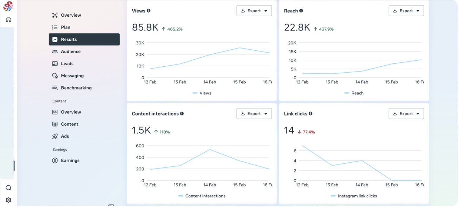 Instagram results showing views, reach and interactions