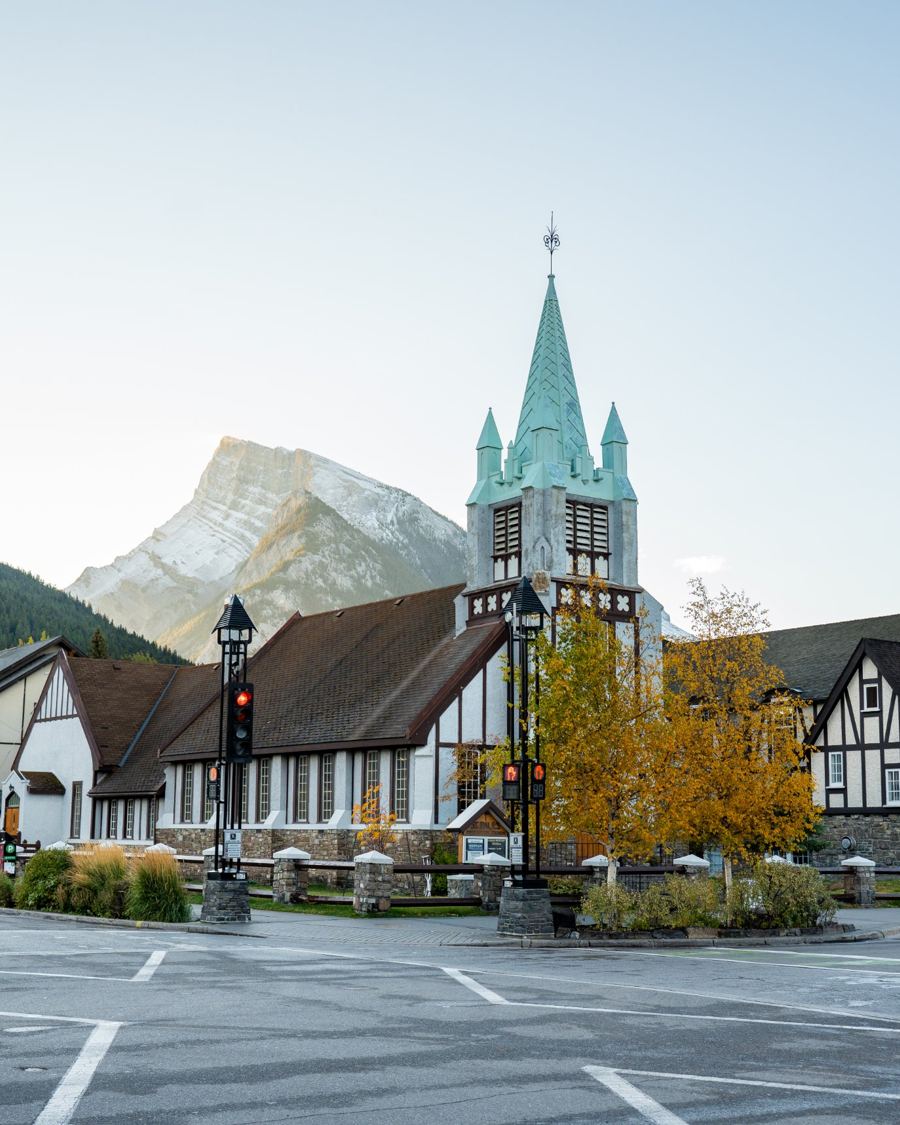 Banff church with Mount Rundle behind