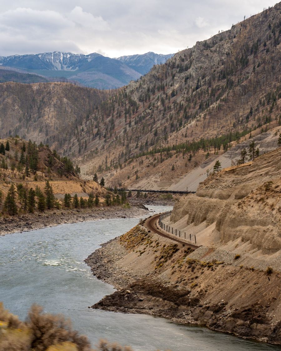 Fraser Canyon with a river and railway